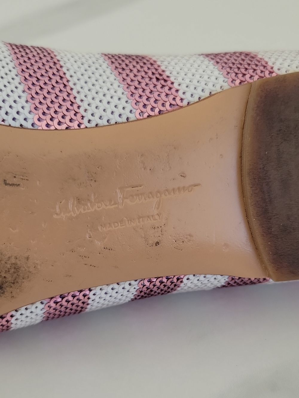 Salvatore Ferragamo Pink & White Sequined Bow Ballet Flats - Picture 15 of 16